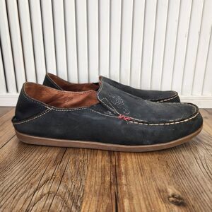 Olukai Nohea Nubuck Womens Size 9.5 Black Leather Slip On Moc Toe Loafers Shoes